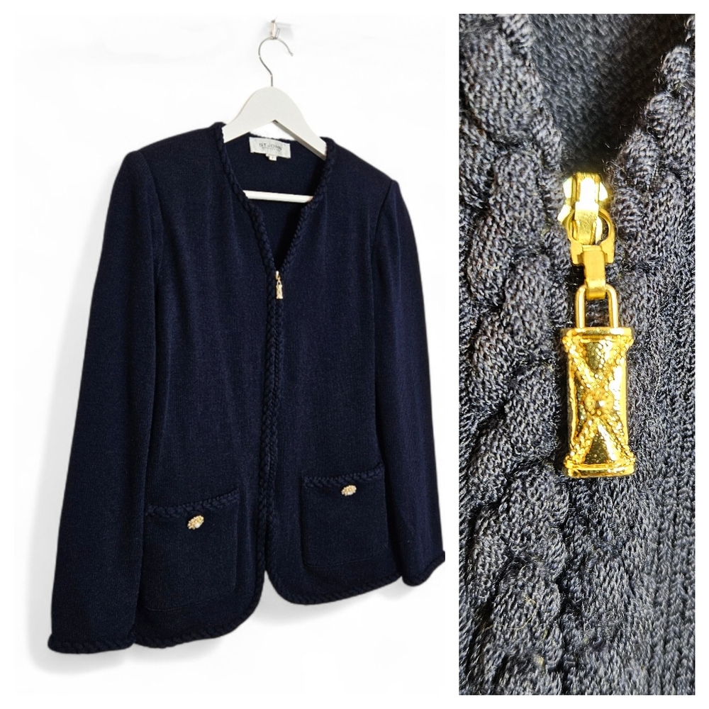 St. John Collection Jacket 6 Santana Knit Wool Gold Padlock Zip Navy Blue Vintag